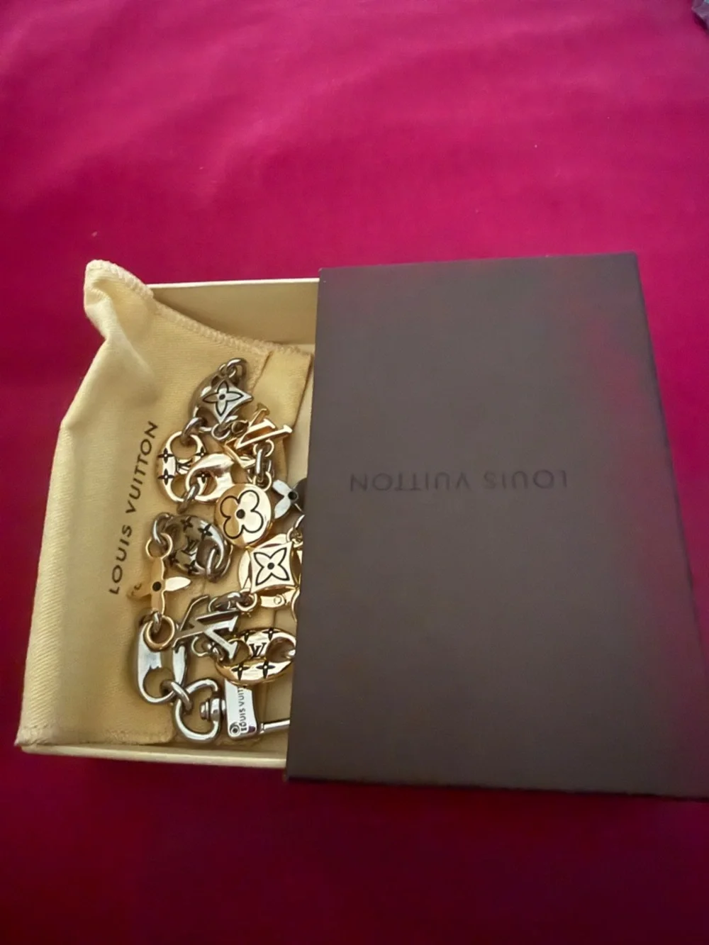 Louis Vuitton Silver Logo Charm Chain Belt on Pink Background - Picture 6 of 6